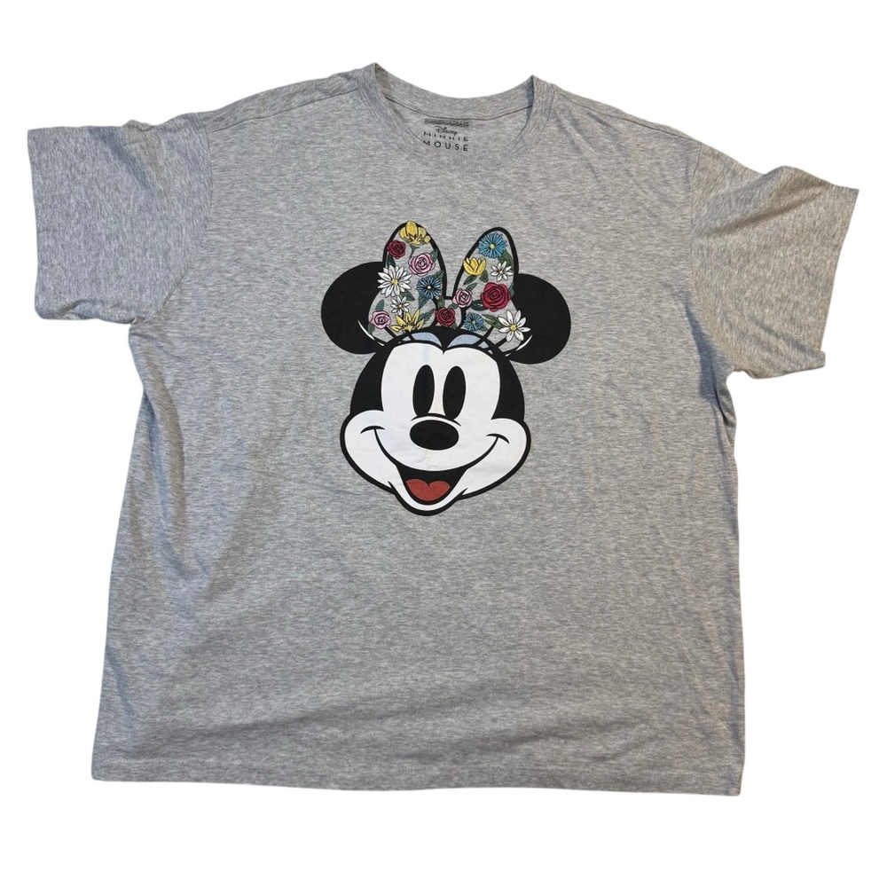 Disney Minnie Mouse Embroidered Floral Bow Heather Grey T-Shirt XXL